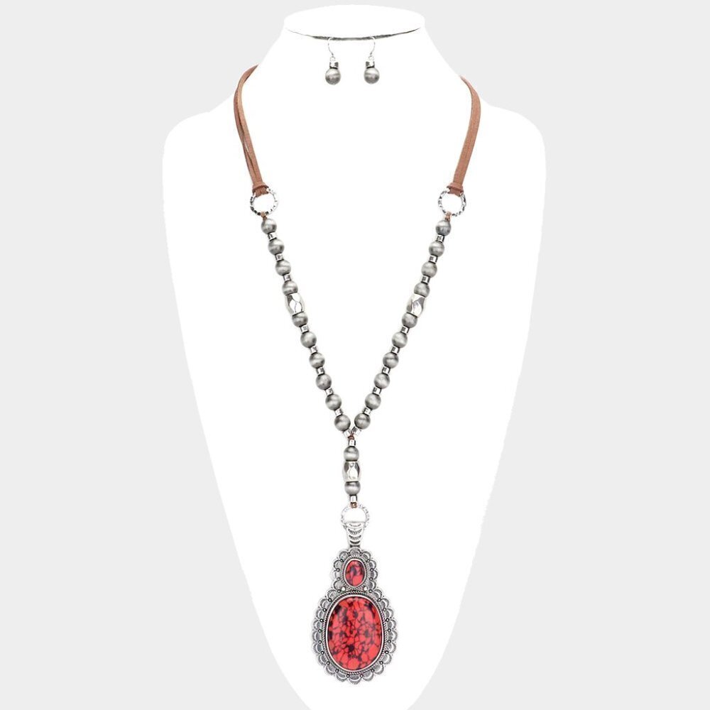 NEW Boho Navajo Pearl Red Natural Stone Antique Pendant Long Necklace